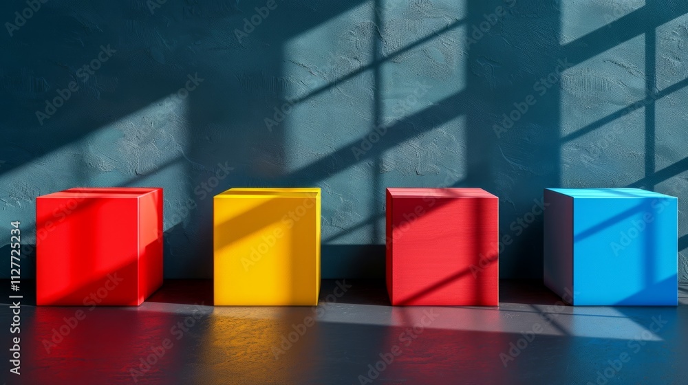 Aufkleber four colorful cubes in a row against a dark wall with window shadows.