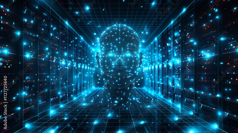 Aufkleber futuristic ai head formed by data points in a server room.