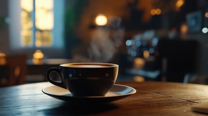 Fototapeta premium A steaming cup of coffee on a wooden table in a cozy café setting.