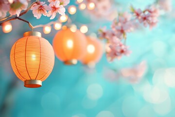Chinese lanterns new year, vibrant and light. Soft glowing lanterns among cherry blossoms and a serene blue background create a tranquil atmosphere.