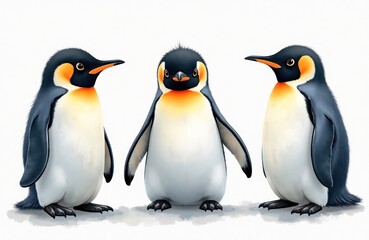 Fototapeta premium Three cute baby penguins stand together on white background. Facing forward, seem friendly. Watercolor illustration style. Perfect for children books educational materials. Penguins shown in adorable