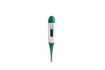 A green and white digital thermometer is shown against a clean white background.