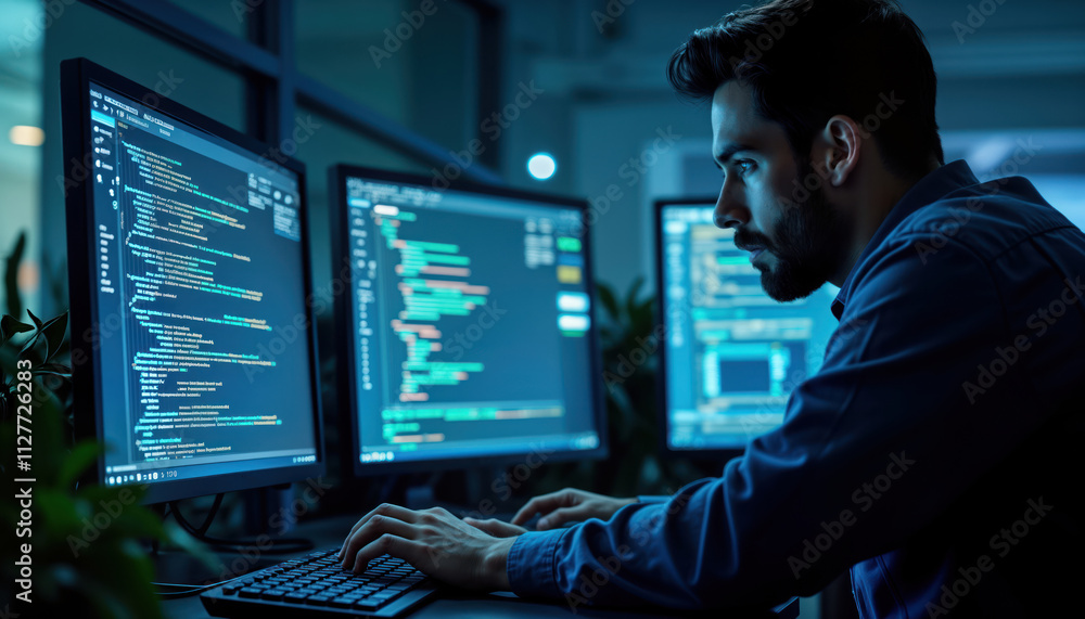 Poster Focused cybersecurity analyst diligently monitors live feeds in secure operations center. Analyst actively typing on keyboard. Multiple computer screens display data streams. Scene emphasizes network