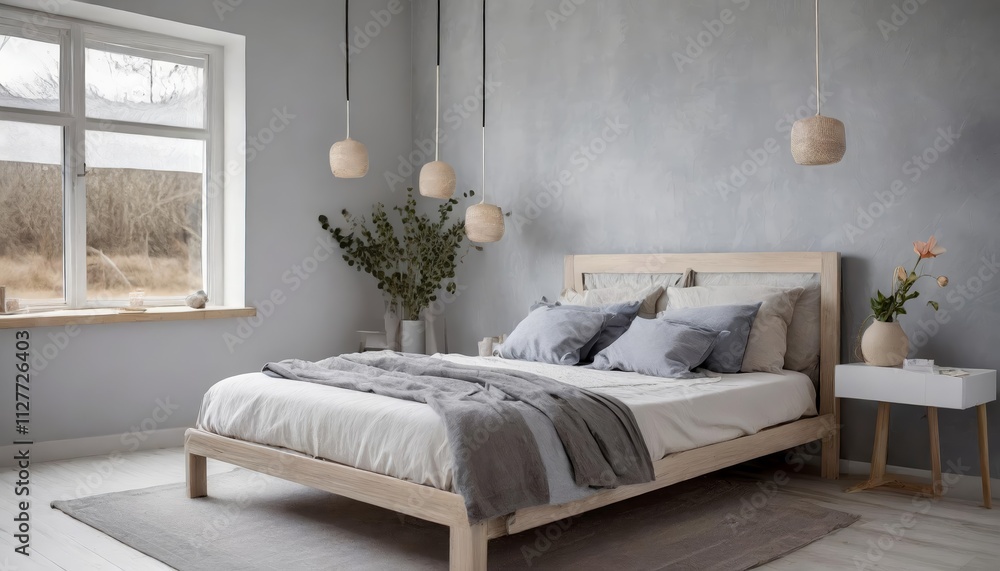 Poster a minimalist bedroom design emphasizing solitude and rest: featuring a platform bed for ultimate com