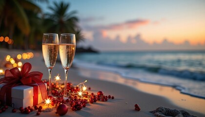 Champagne flutes stand on beach at sunset with Christmas decorations. Red ribbons, fairy lights gift. Ocean waves gently lap at shore. Romantic holiday scene by sea. Celebration, holiday spirit