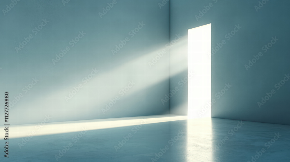 Poster light shines through the open door, creating an empty light blue background wall with soft lighting