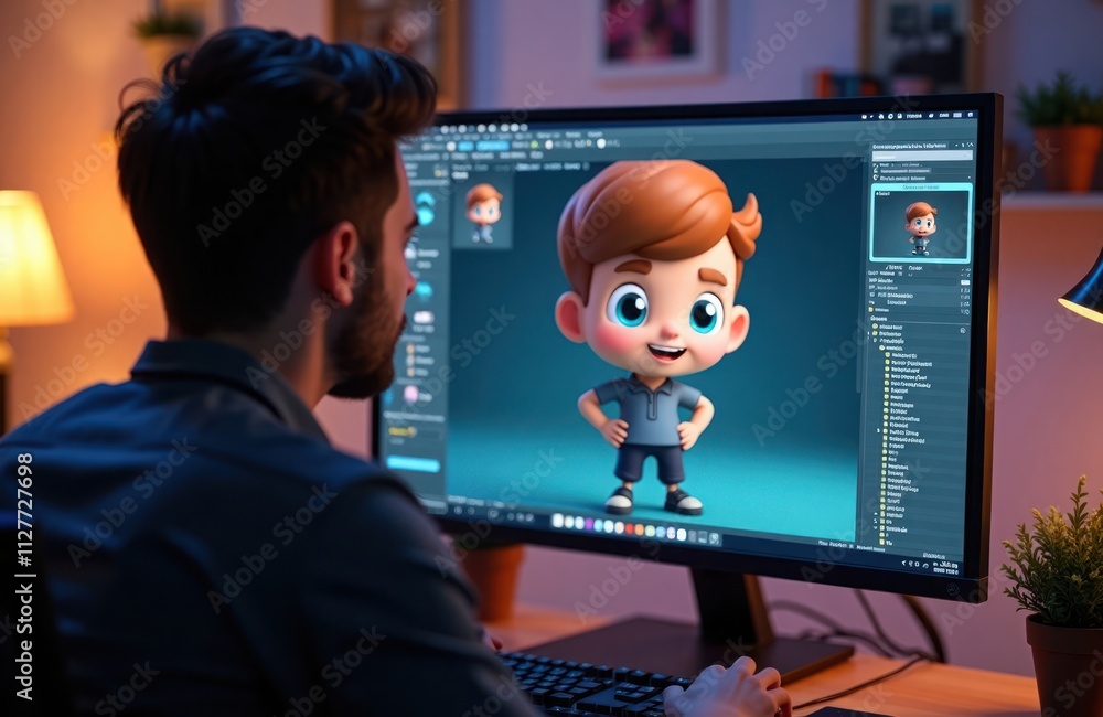 Fototapete man works on 3d character design. uses computer at home. boy character displayed on screen. man desi