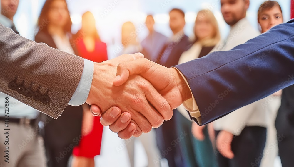 Poster a powerful handshake exchanged at a professional networking event, signifying connection, collaborat
