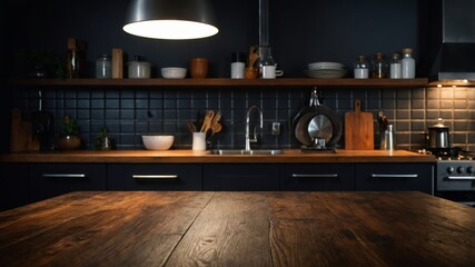 Wooden table with blurred kitchen in background