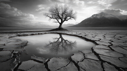 Black-and-white photography of a tree in the middle of a cracked lake, with mountains in the background