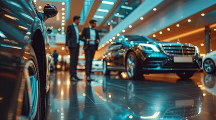 Naklejka premium Luxury Car Showroom with Blurred Businessmen and Gleaming Vehicles