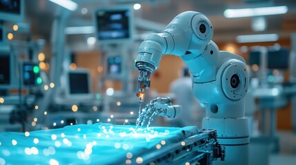 A robotic arm performing tasks in a high-tech medical environment.