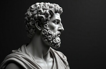 Digital minimalist portrait shows stoic Greek philosopher in deep thought. Elegant clean lines, deep shadows create contemplative mood. Ancient wisdom concept. Suitable for philosophical themes.