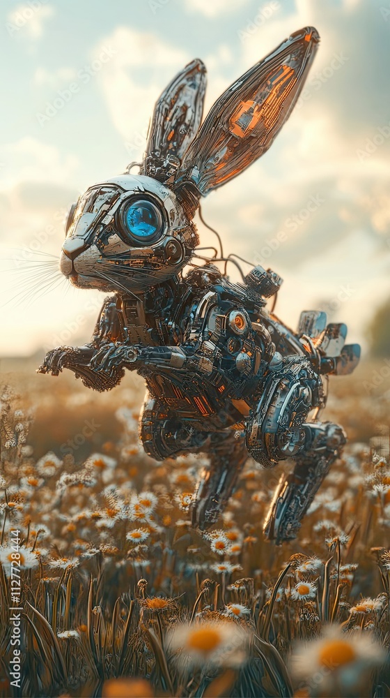 Poster mechanical rabbit leaps across a field of daisies