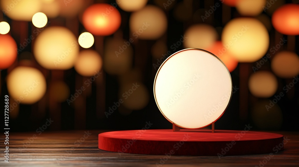 Poster chinese new year. backdrop and podium mockup. a glowing sphere on a circular base with blurred color