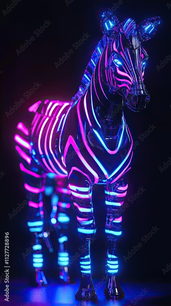 Poster neon zebra robot stands in dark background