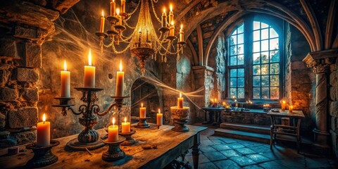 A creepy, abandoned castle room, gothic architecture, candlelight reveals unsettling details in high depth of field, a dark fantasy horror setting.