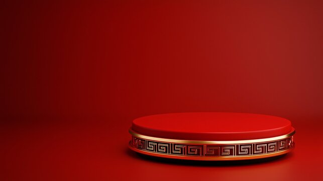 Chinese new year. backdrop and podium mockup. Red circular pedestal with a decorative gold trim against a solid red background.