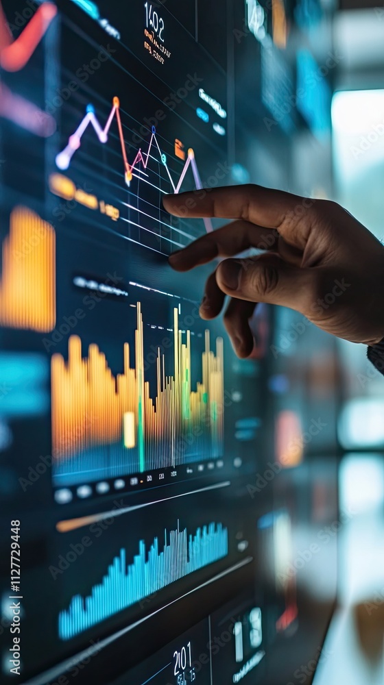 Poster hand interacting with financial data graphs on screen