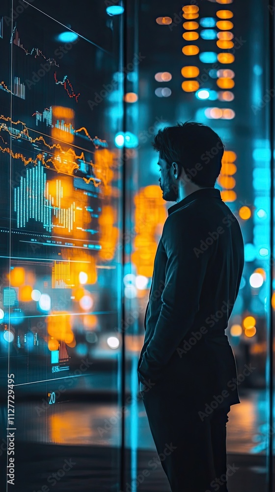 Poster man observing financial data on a large screen