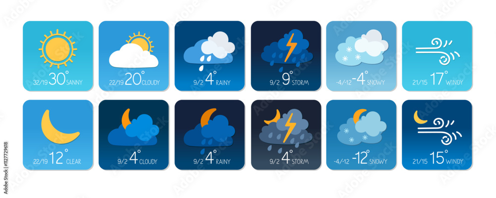 Wall mural weather forecast icons showing various conditions for the next week in a digital format