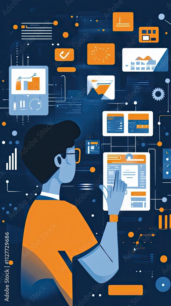 Poster person interacting with digital data and interfaces