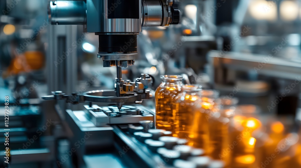Poster a machine is making bottles with a yellow liquid inside. the bottles are lined up on a conveyor belt