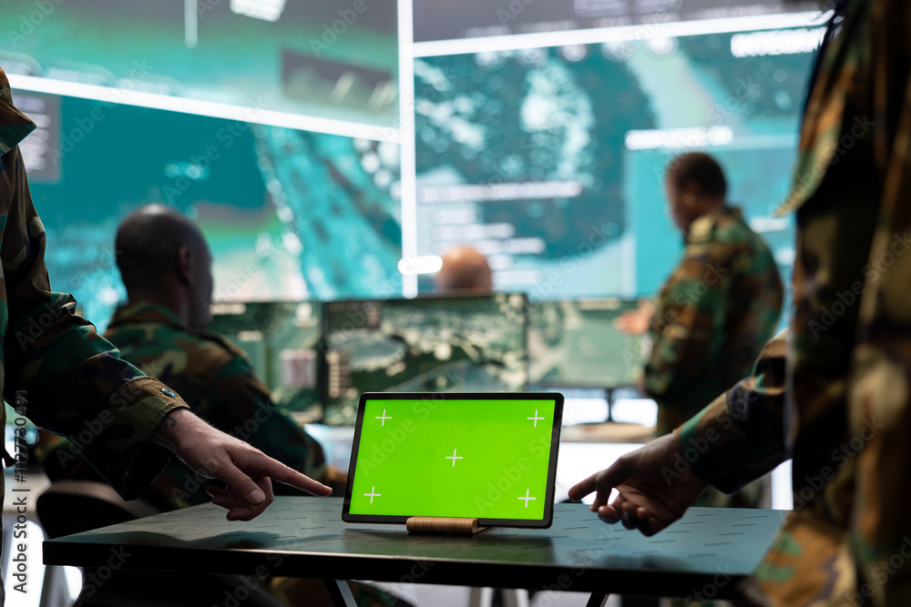 Aufkleber two servicemen working in team with a green screen mockup, using a tablet to help troopers in power 