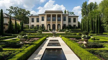 Obraz premium Paris formal French garden with fountains and symmetrical hedges, elegant cultural retreat