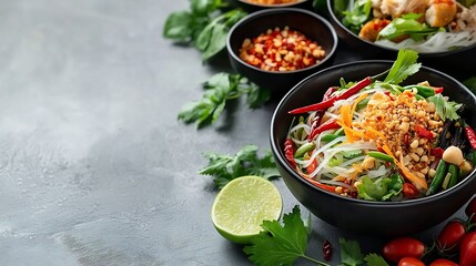Elegant Presentation of Vibrant Thai Som Tum Papaya Salad with Chili Lime and Palm Sugar on Neutral Background