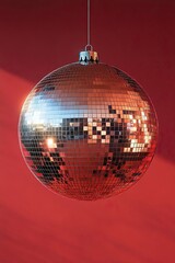 Fototapeta premium Red Disco Ball Ornament Hanging Against Red Background