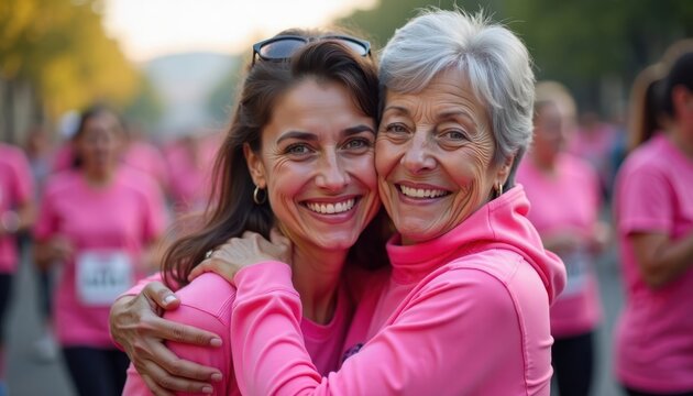 Smiling senior Hispanic woman hugs granddaughter at breast cancer awareness race. Both wear pink athletic apparel. Participants register in background. Warm day at charity event. Empowering women