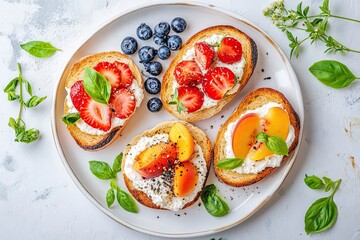 Flat lay with fresh organic summer berries and fruits of strawberries, blueberries and peaches on a white background with hard shadow. Top view and copy space