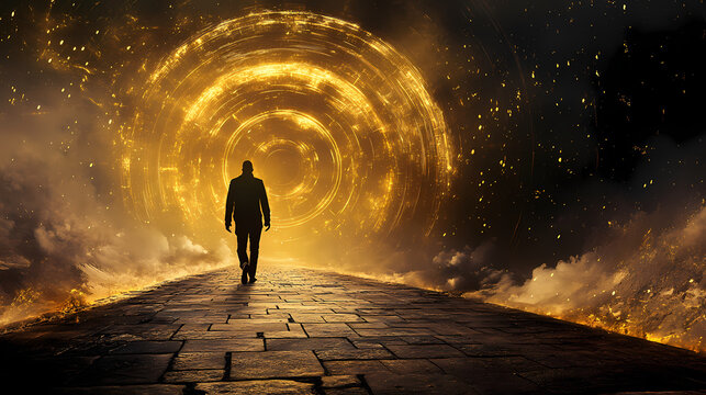 Time traveller about to move through the time portal - dark silhouette of a man walking along a block paved path towards a rotating stargate portal with gold light and dark sky. Nebulous. Illustration
