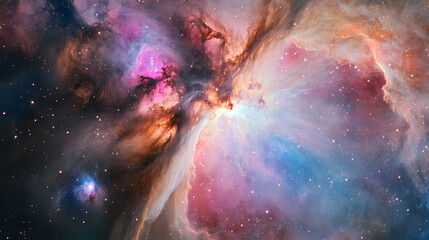 Vibrant and ethereal, a nebula with swirling hues of blue, pink, and purple drifts in the vastness of outer space. Nebulous. Illustration