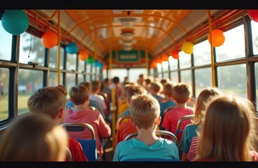 Colorful kids enjoy party on decorated bus. Many children seated in bus. Sunny afternoon provides festive atmosphere. Brightly colored balloons decorate bus interior. Kids likely on field trip