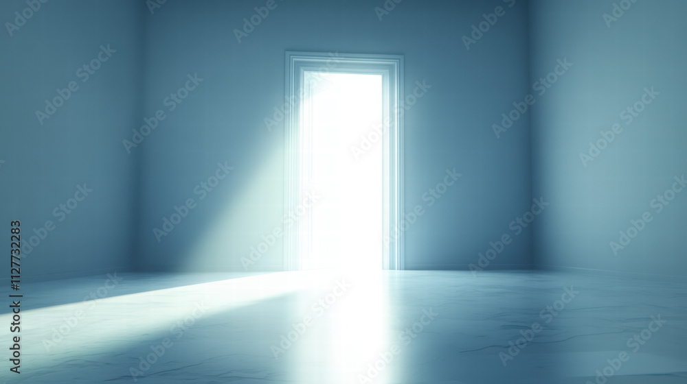 Poster light shines through the open door, creating an empty light blue background wall with soft lighting