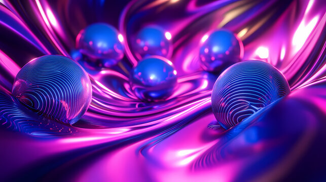 Vibrant cosmic themed 3d rendering of glowing planets and nebulous swirls in a futuristic space environment with vivid purple blue and magenta hues. Nebulous. Illustration