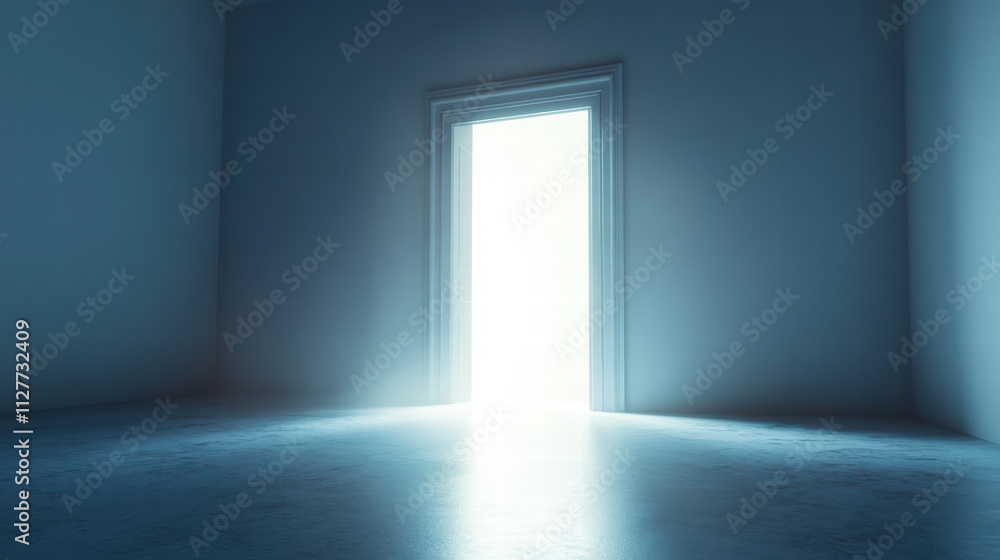 Poster light shines through the open door, creating an empty light blue background wall with soft lighting