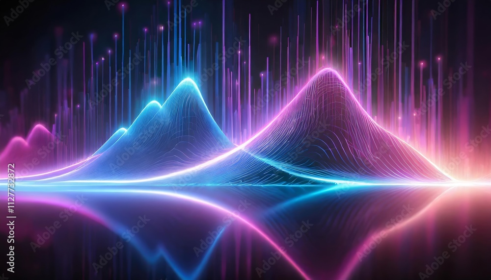Poster abstract background with equalizer effect: neon lights and sound wave visualization, perfect for mus
