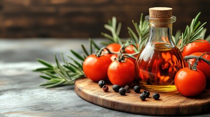 Olive oil, tomatoes, rosemary, peppercorns on wooden board.