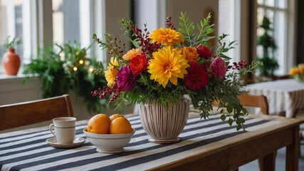 Vibrant floral arrangement with trees on holiday table