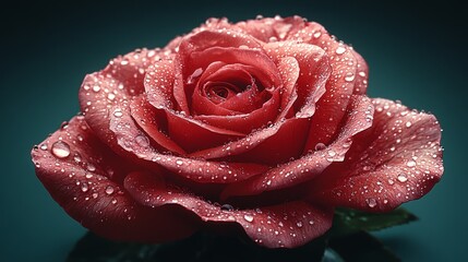 Close-up of a dew-covered, vibrant pink rose.