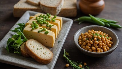 Vegan cheese and soybeans served on platter
