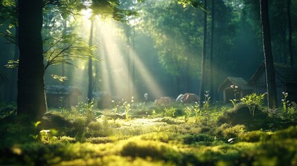 Obraz premium Sunlit forest floor shows rich plants with vibrant plants, wildflowers. Wooden huts subtly visible in background creating peaceful, natural scene. Calm, cool environment. Scenic outdoor paradise.
