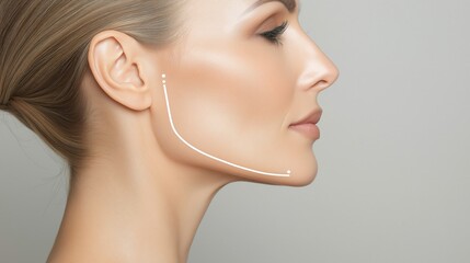 Close-up profile view of woman with smooth skin, pulled-back hair. White lines highlight desired contour enhancements. Studio lighting emphasizes jawline, neck. Cosmetic procedures beauty treatments