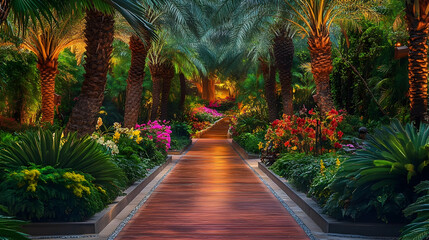 Bali tropical garden with palm trees and vibrant orchids, lush exotic sanctuary