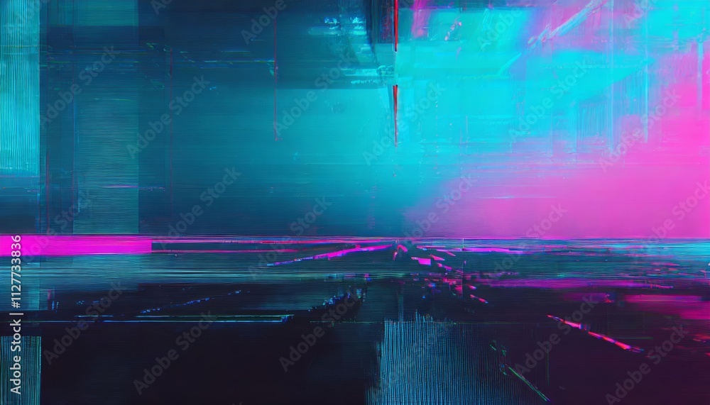 Poster abstract blue, mint, and pink background with interlaced digital glitch and distortion effect - a st