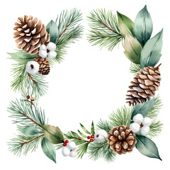 Fototapeta premium Merry Christmas watercolour decor greetings Happy New Year wishes and Xmas elegant Christmas card, with fir branches, pine cone, cotton, leaves, Botanical winter greenery holiday illustration white.