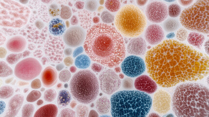 Colorful geometric shapes resembling cells under microscope create vibrant and intricate